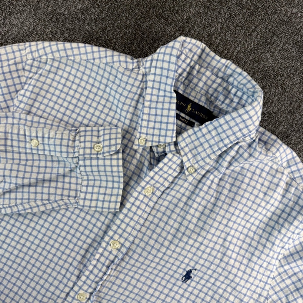Ralph Lauren Mens Slim Fit Button Down Shirt Large Blue White Check Long Sleeve